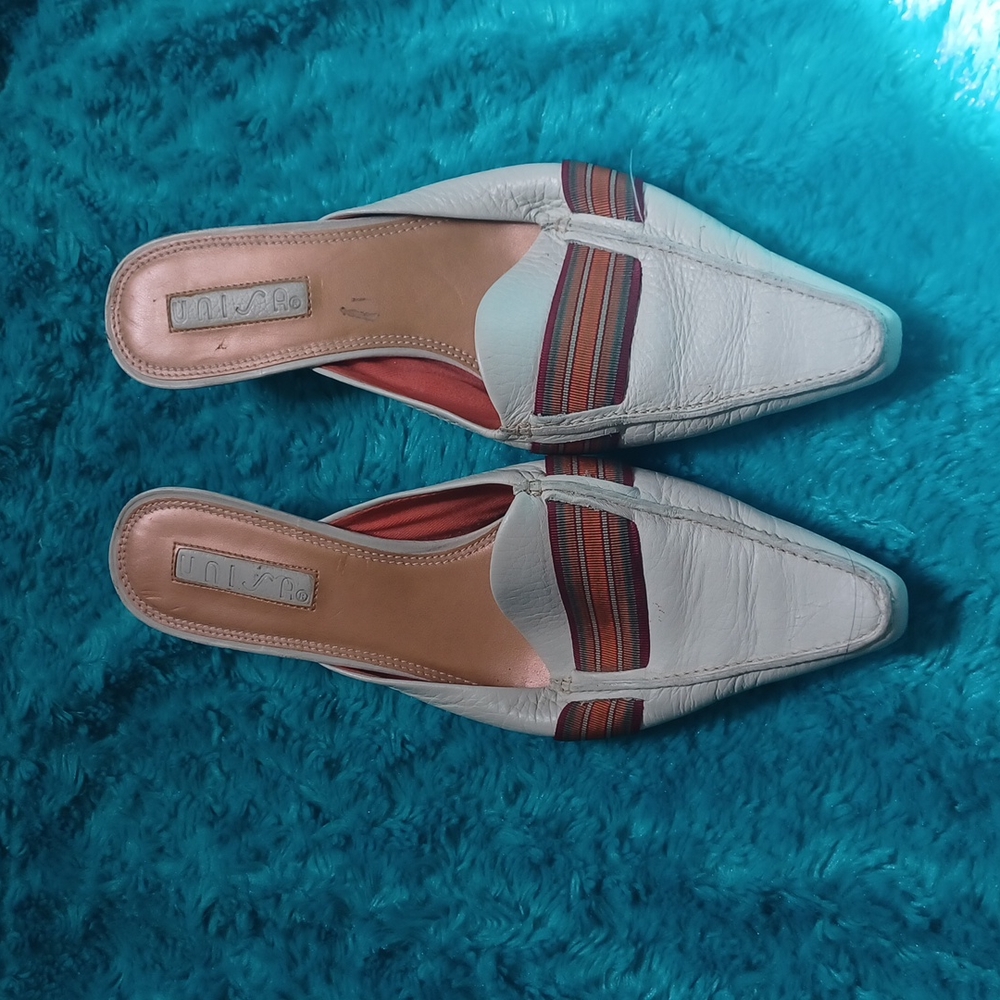 Cream Mule UniSa genuine leather with ribbon in burgundy, orange, green. #14